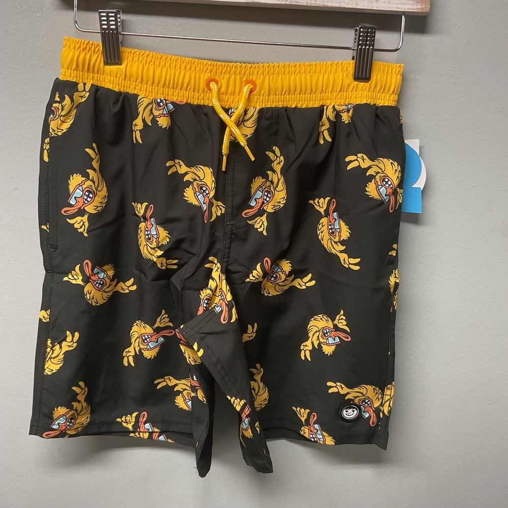 Neff Boys 2XL Black‎ Yellow Fired Up Pucky AOP Swim Trunks Shorts New